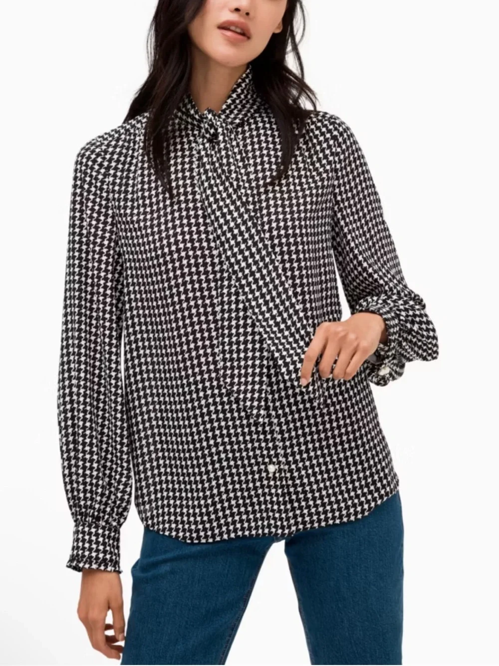 Kate Spade New York Black and White Houndstooth Tie-Neck Blouse - XS